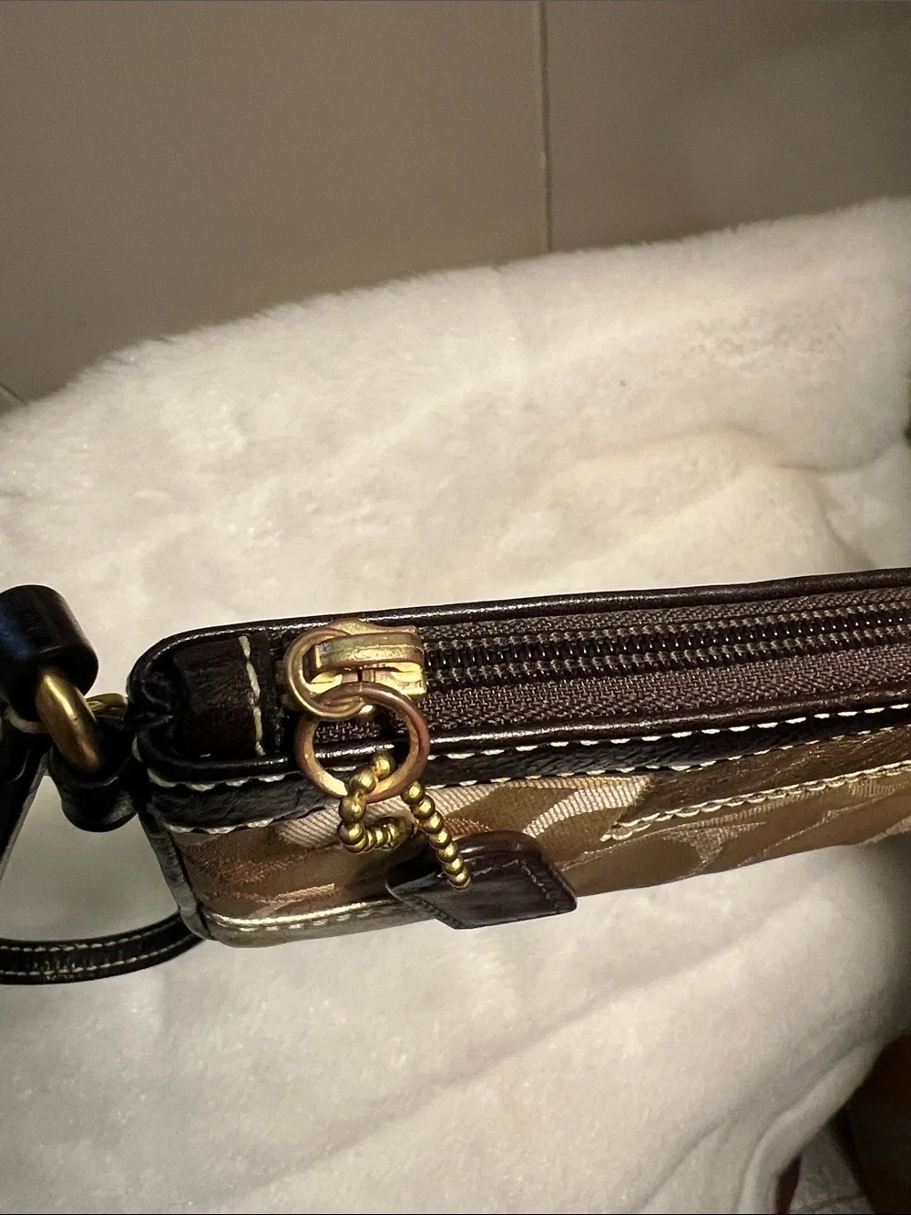 Coach Gold and Tan Patchwork Signature Wristlet